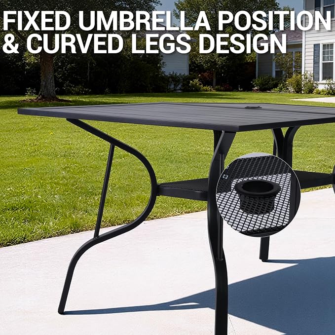 63"x38" Outdoor Dining Table for 6 Person, Metal Rectangle Patio Dining Table with Adjustable Umbrella Hole for Garden, Partitioned Storage Shelf, Backyard and Porch, Black