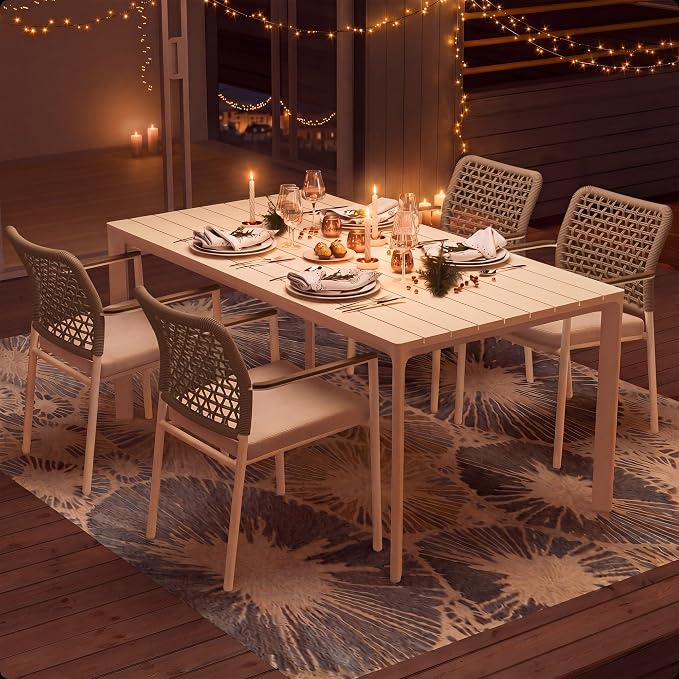 Modern Shade 5 Piece Luxury Outdoor Dining Set, Designer Outdoor Table and Chairs with Fade Resistant Cushions & FSC Teak, Premium Aluminum Patio Table and Chairs Set for Elegant Outdoor Living, Beige