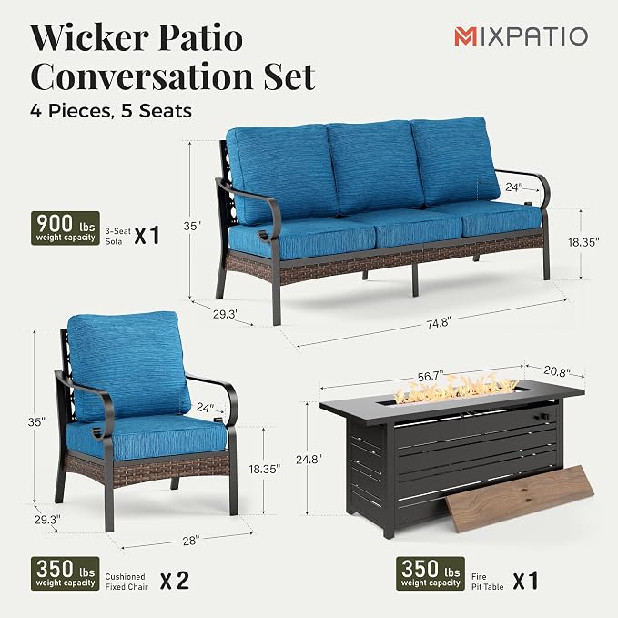 MIXPATIO Patio Furniture Set with Firepit Table, Black Frame Outdoor Conversation Set with 2 x Fixed Chairs, 1 x 3-Seat Sofa for Lawn Garden Backyard, Pacific Blue