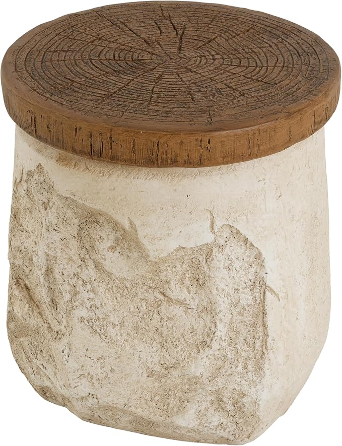 LUMISOL Outdoor Side Table, Modern Organic MGO Accent End Table for Patio, Living Room, Beige Tone-Effect Base with Faux Wood Grain Top