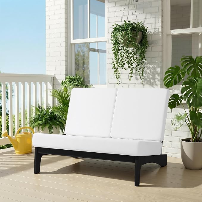 7 Pieces All Weather Black Wood Patio Furniture Sets, 2 Patio Loveseat, 4 Patio Bistro Chair, Outdoor Sectional Sofa Furniture Backyard Conversation Set with Coffee Table - Beige