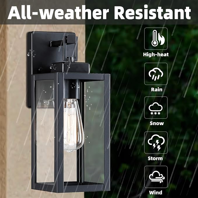 2 Pack Outdoor Sconce Lights-12 Inch Outdoor Wall Light,Exterior Sconce Steel and Glass Porch Light, Black Wall Lantern for Front Porch Garage Balcony