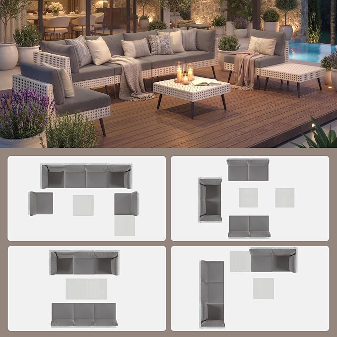 ENSTVER Modern High-End 8-Piece Wicker Patio Furniture Sets，Outdoor Patio Sectional with Thicken Cationic Fabric Cushions & Non-Slip Pad, Convertible Conversation Sets for Garden, Poolside, Backyard