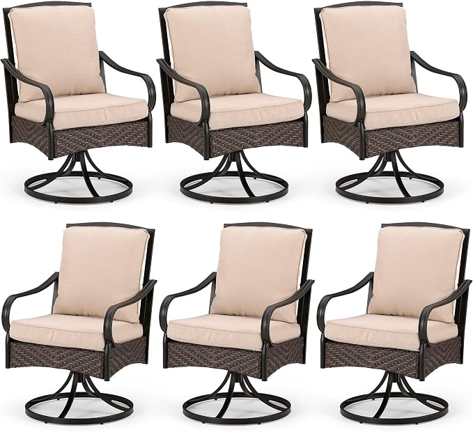 PHI VILLA Swivel Patio Dining Chairs Wicker Chairs Set of 6 with Cushions | Heavy Duty Outdoor Metal Wicker Dining Chair with Padded Cushions, Large All Weather Wrought Iron Patio Chair for Balcony