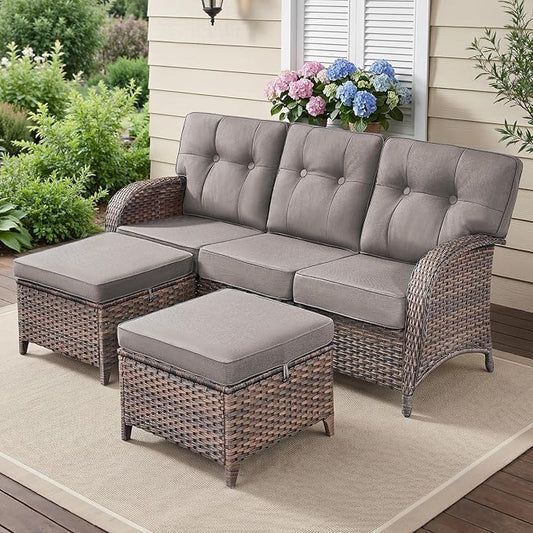 3-Piece Wicker Patio Furniture Set with 5-Inch Thick Cushions Outdoor Hand-Woven Rattan Sofa and Ottomans Set Weather Resistant Conversation Couch for Backyard Porch Garden Brown/Grey