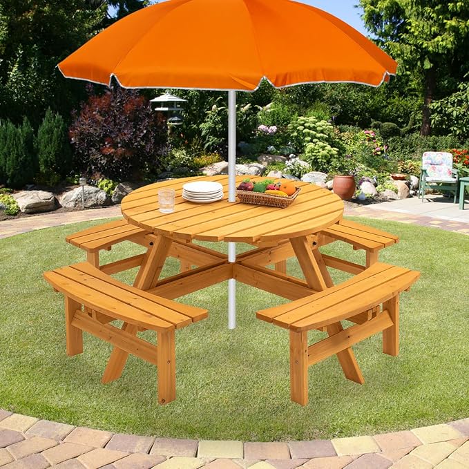SSLine 8-Person Solid Wood Picnic Table Outdoor Round Picnic Table and Bench Set with Umbrella Hole Outside Wooden Table and Chairs Set for Patio Backyard Garden Lawn (Natural Brown)