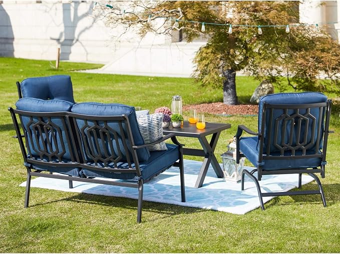 4 Pices Patio Furniture Conversation Set,Metal Outdoor Furniture Set w/All Weather Cushioned Loveseat,Poolside Lawn Chairs,Coffee Table