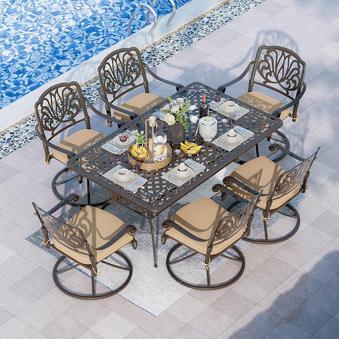 Grepatio 7 Piece Patio Dining Set Outdoor Dining Set Cast Aluminum Furniture Set with 6 Dining Swivel Chairs with 6 Cushions and Dining Table for Backyard Garden Deck Poolside (Khaki)