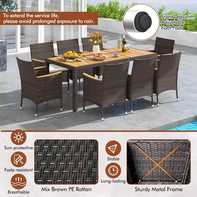 COSTWAY 9-Piece Patio Dining Set for 8, Outdoor Rattan Wicker Table and Chairs Furniture Set with Umbrella Hole, Acacia Wood Tabletop for Backyard, Balcony, Poolside, Brown & Beige