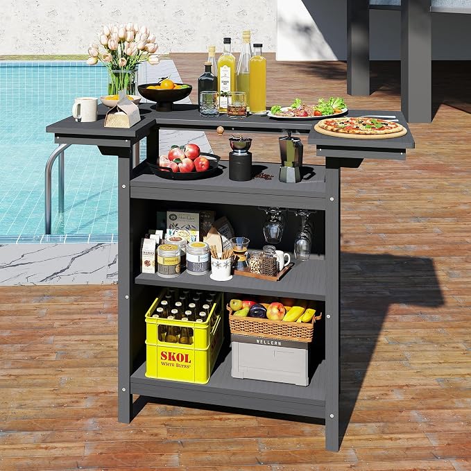 Domi Outdoor Bar Table, All-Weather HDPE Outdoor Kitchen Island with 4-Tier Storage Shelves, Patio Bar with Spacious Tabletop for Backyard, Poolside & BBQ, Grey