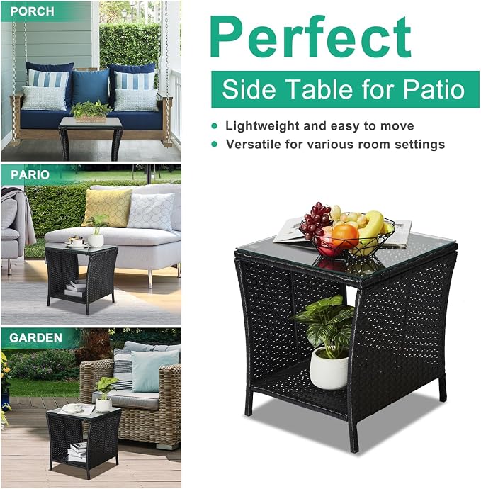 Outdoor Rattan Side Table, Square Coffee Table with Tempered Glass Top and Storage, Black