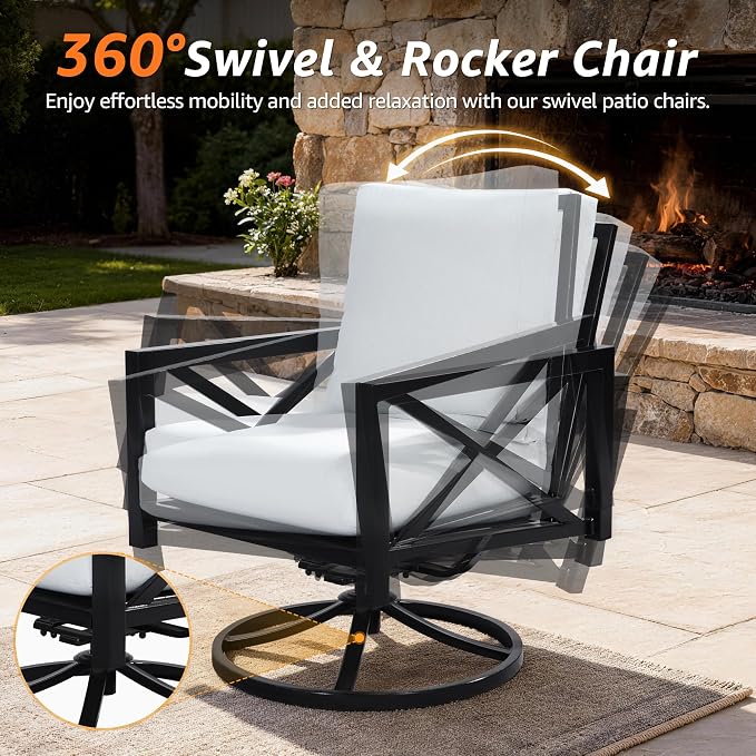 NATURAL EXPRESSIONS 4 Pieces Patio Furniture Sets, Modern Metal Outdoor Conversation Sets with High Back Rocking Swivel Chairs,38’’ Metal Table, 5.5" Thick Cushions