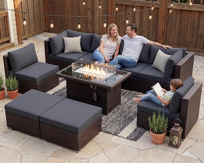 NICESOUL 8 Seat Extra Large Patio Furniture Set with Firepit Table Natural Gas/Propane, 29.3'' High-Back Luxury Outdoor Sectional Conversation Sets for 6 People, Brown Rattan and Dark Grey Cushion