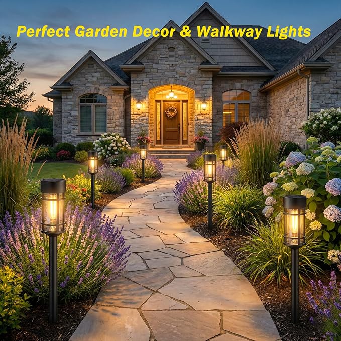 ILANCK Solar Lights Outdoor Waterproof, 8 Pack 21" Solar Pathway Lights with Metal & Glass, Auto On/Off Garden Lights for Yard, Landscape, Driveway Walkway