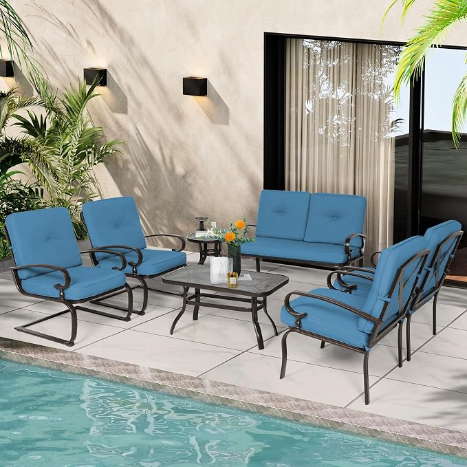 Incbruce 7 Piece Wrought Iron Patio Furniture Set Metal Outdoor Conversation Sets (Loveseat, Coffee Table and Bistro Table, 2 Spring Chair, 2 Dining Chairs) with Cushion (Peacock Blue)