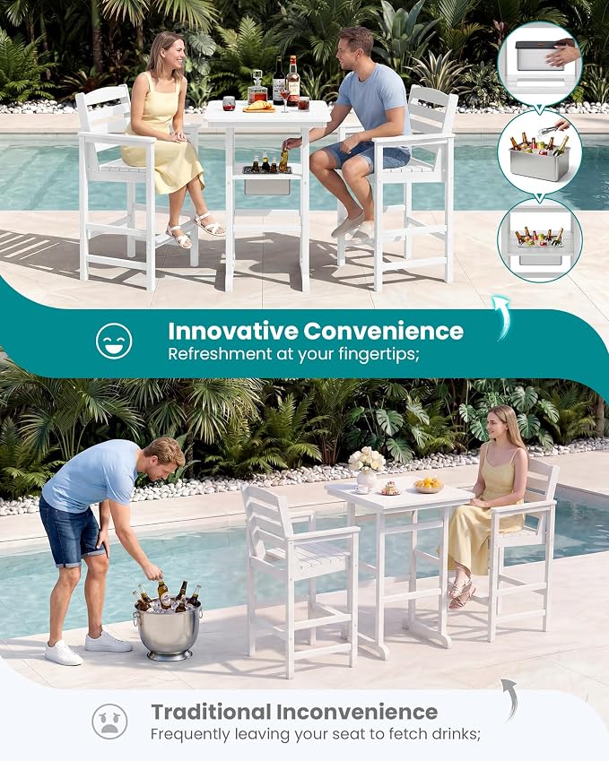 SERWALL Adirondack Bar Chairs and Table 5 Pieces Set with Umbrella, HDPE Bar Height Chairs Set of 2 and Bar Table with Ice Bucket, Outdoor Bar Stools Set for Balcony, Poolside, Backyard, White