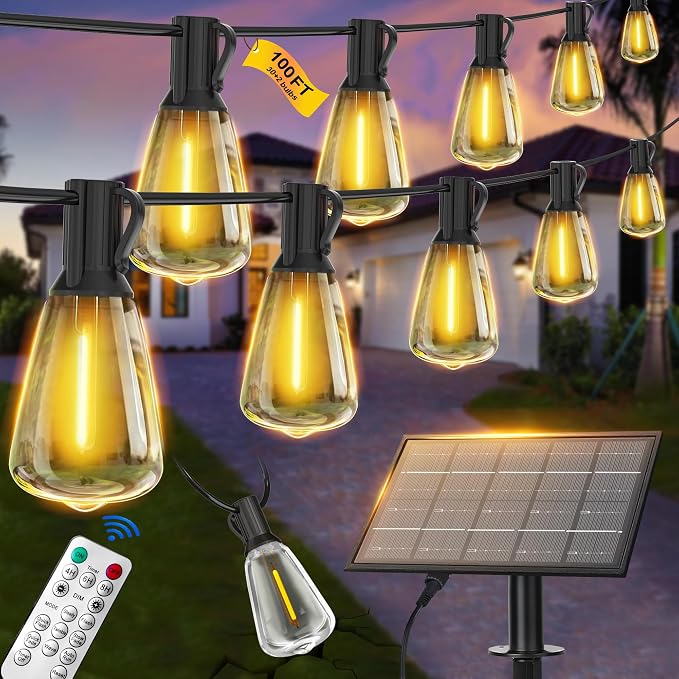 BLIATLUS 100FT Solar String Lights Remote 32 Shatterproof ST38 LED for Outdoor Patio Garden