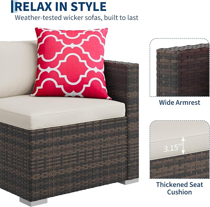 5-Piece Outdoor Sectional Sofa Set, All-Weather PE Rattan Patio Furniture with Ottoman & Tempered Glass Table, Convertible Garden Couch for Backyard, Porch, Poolside (Brown/Beige)