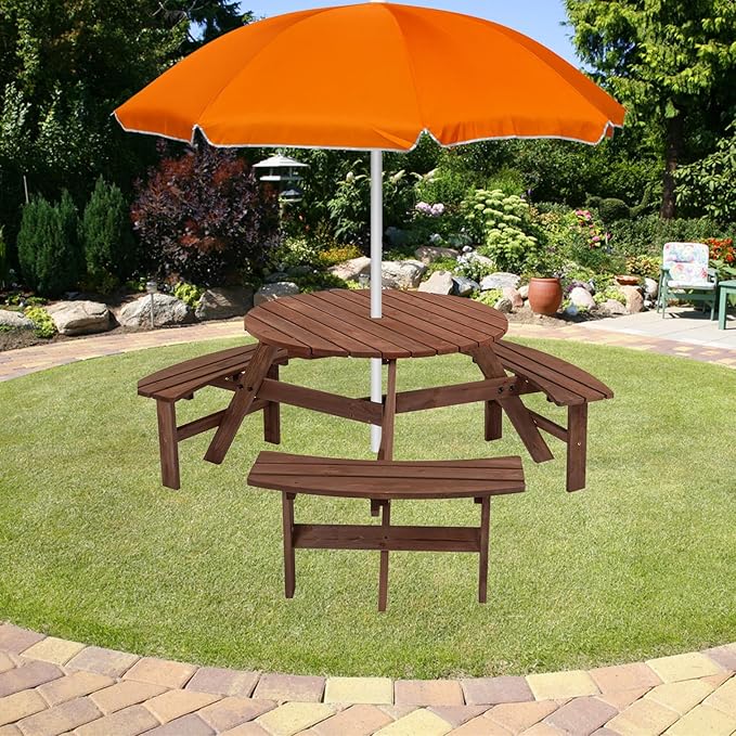 SSLine 6-Person Solid Wood Picnic Table Outdoor Round Picnic Table and Bench Set with Umbrella Hole Outside Wooden Table and Chairs Set for Patio Backyard Garden Lawn (Dark Brown)