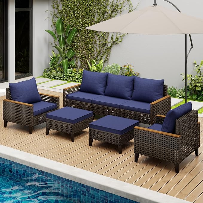 7 Piece Patio Sectional Sofa Furniture Set, All-Weather Wicker Rattan Outdoor Conversation Set with High Back and Hick Cushions, for Garden, Porch, Poolside, Blue