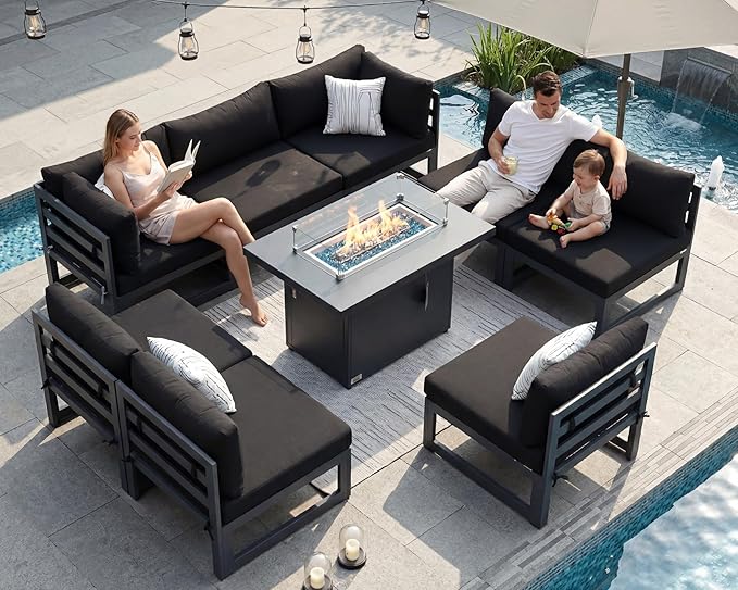 NICESOUL 9 Pcs Large Modern Aluminum Outdoor Patio Furniture Set with Fire Pit Table Propane/Gas, 29" Wide Deep Seat, Fade Resistant Sectional Sofa, 500 lbs Sturdy Conversation Set for Backyard, Black