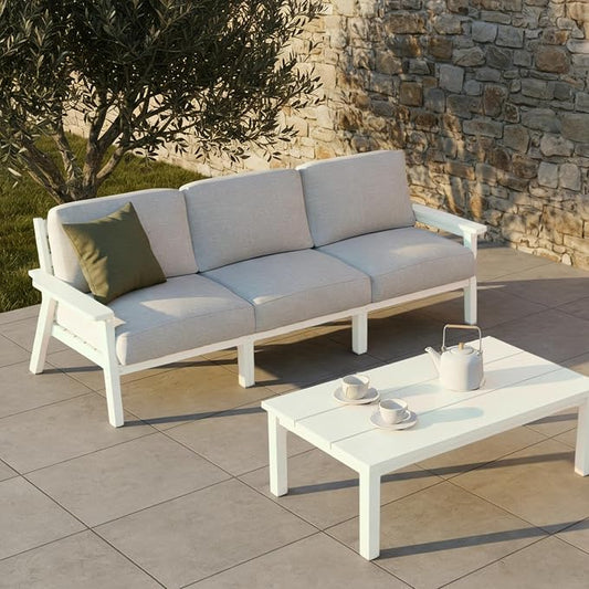 Patio Furniture Set 3 Seats, HDPE Outdoor Sectional with Washable Beige Thick Cushions, Coffee Table & Side Table, Patio Conversation Sets for Lawn, Garden, Porch, Balcony (White Frame)