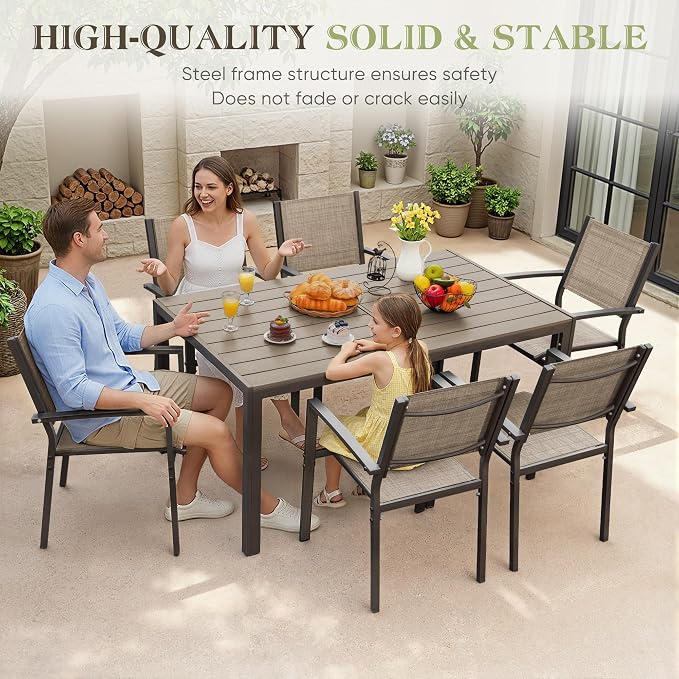 Greesum Patio Dining Set 7 Piece, Outdoor Furniture Textilene Chairs with Large Table, Comfortable for Porch, Pool, Garden, Brown