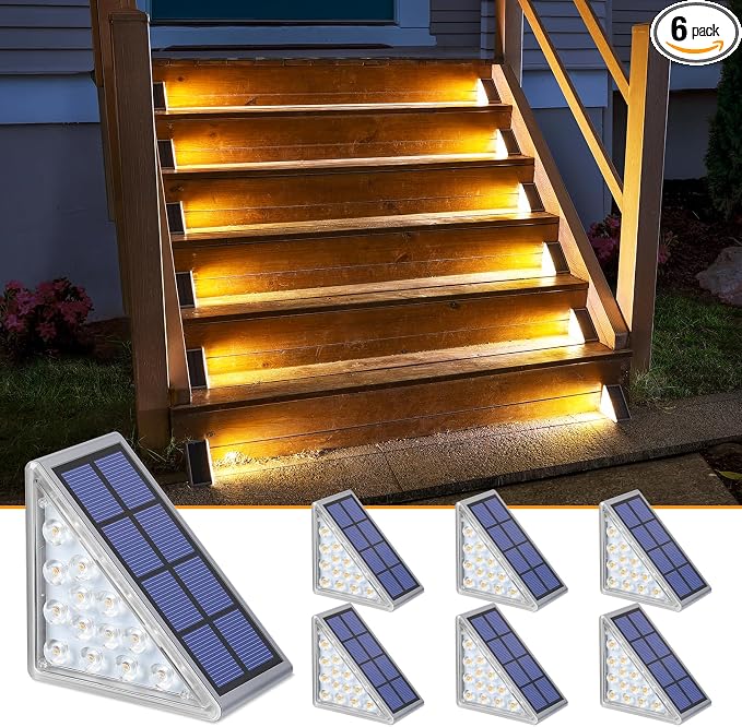 Solar Step Lights,6 Pack Warm White Solar Stair Lights Outdoor Waterproof IP67 Auto On Off,Solar Lights for Steps,Stair,Patio,Yard,Porch,Front Door,Sidewalk,Deck Decor