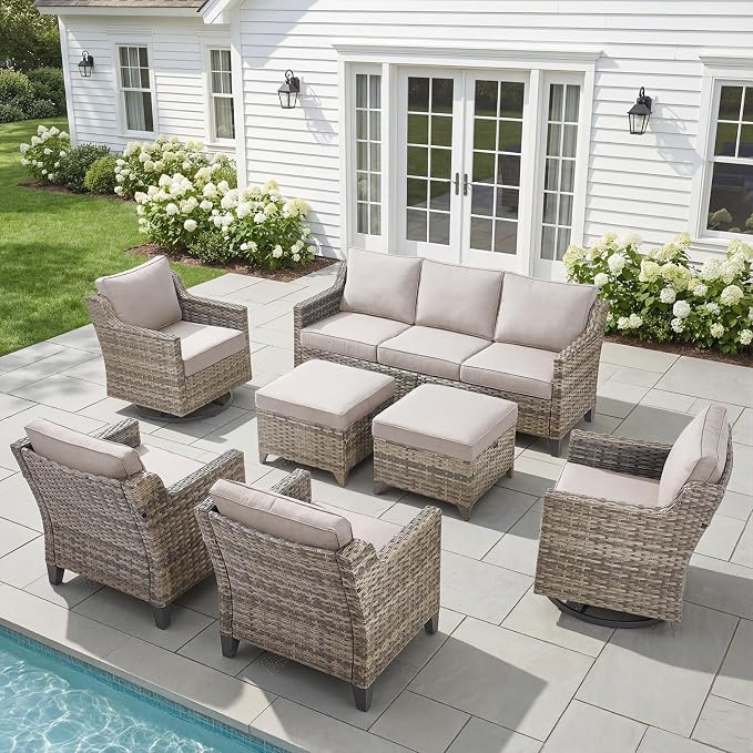 Belord Patio Wicker Swivel Rocker Patio Chairs with 3-Seater Sofa, Outdoor Rattan Chairs for Deck Porch Poolside, 7 Piece Patio Conversation Furniture Set,Beige