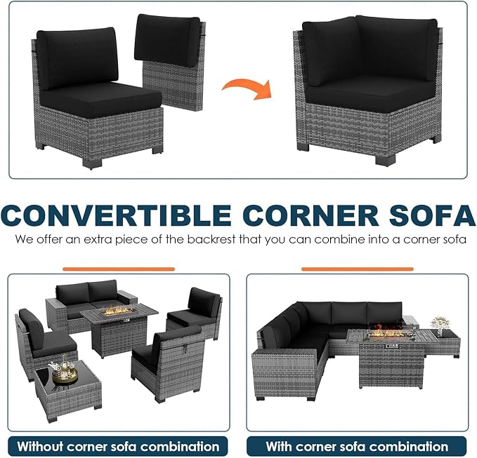 7 Piece Patio Furniture Set with Fire Pit Table, Outdoor Sectional Conversation Sets Wicker Rattan Sectional Sofa with Coffee Table for Patio Garden Backyard, 4'' Thickened Cushion Black