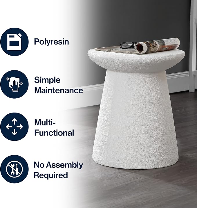 JONATHAN Y Hollie 18" White Frosted Polyresin Outdoor Side Table and Stool, All-Weather Textured Round Pedestal Accent Table for Patio, Garden, Modern Minimalist TBL1108A