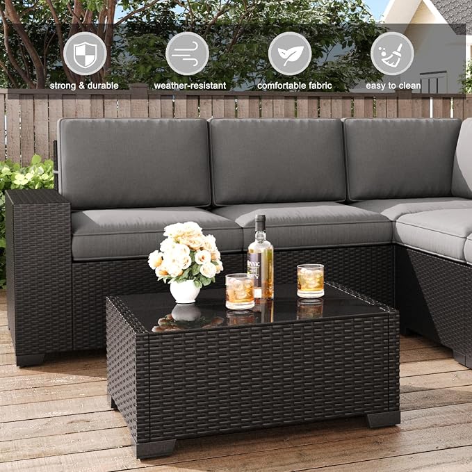 LayinSun 7 Pieces Patio Furniture Set with Fire Pit Table, Black Rattan Modular Sectional Patio Conversation Sofa Set