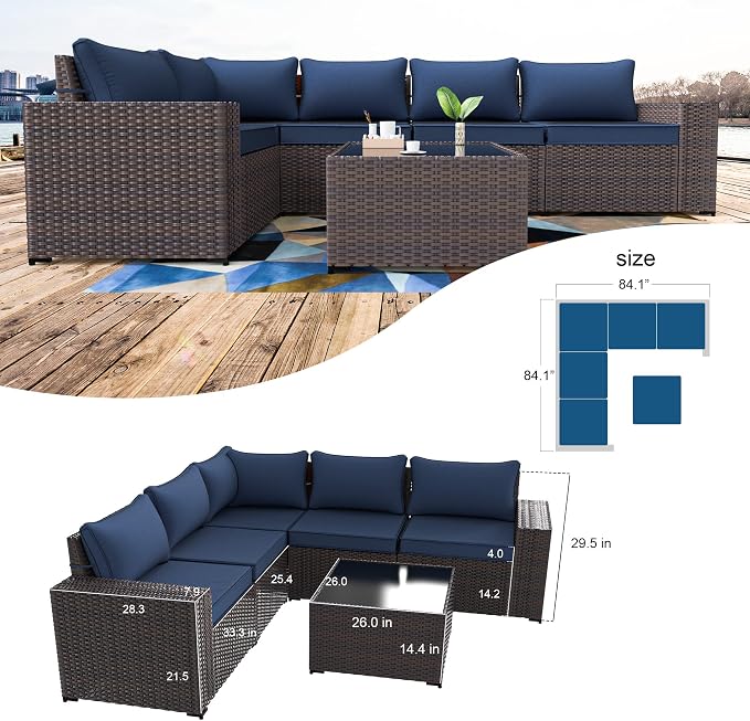 Kullavik Outdoor Patio Furniture Set 6 Pieces Sectional Rattan Sofa Set Brown PE Rattan Wicker Patio Conversation Set with 5 Seat Cushions and 1 Tempered Glass Table,Navy Blue