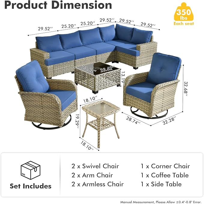 CAODOC 9 Piece Patio Furniture All Weather 7-Seater Outdoor Sectional Sofa with Patio Swivel Chairs and Solar Powered Coffee Table for Porch,Garden,Backyard,Deck(Blue)