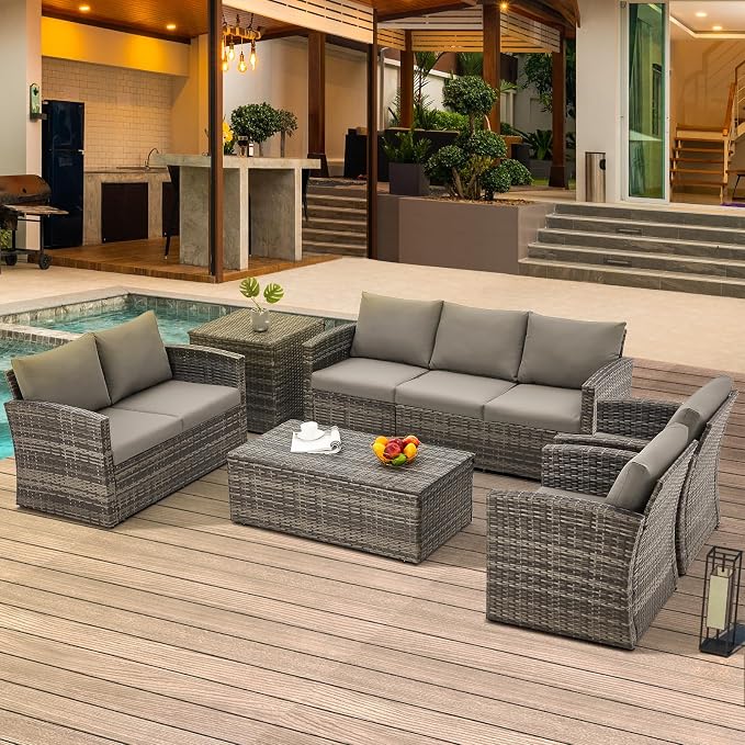 U-MAX 7 PCS Outdoor Patio Furniture Set w/Two Storage Boxes&Furniture Set Cover, Outdoor Conversation Set All-Weather PE Wicker Sectional Sofa, Grey Rattan& Grey Cushions