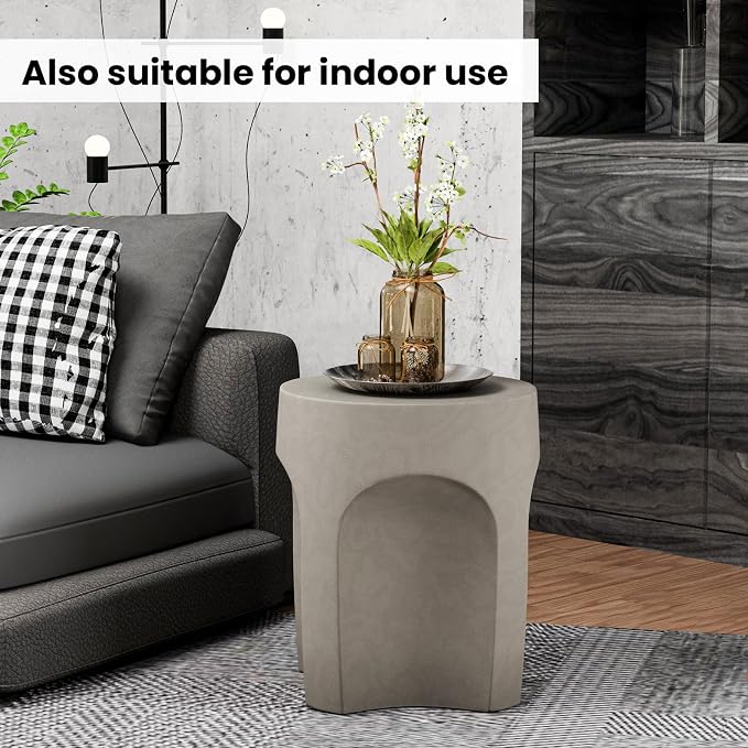 SUNBURY Outdoor Side Tables for Patio Set of 2, Concrete Accent End Table, Indoor Small Round Patio End Table, Garden Stools for Yard, Arch Shape Cement Color