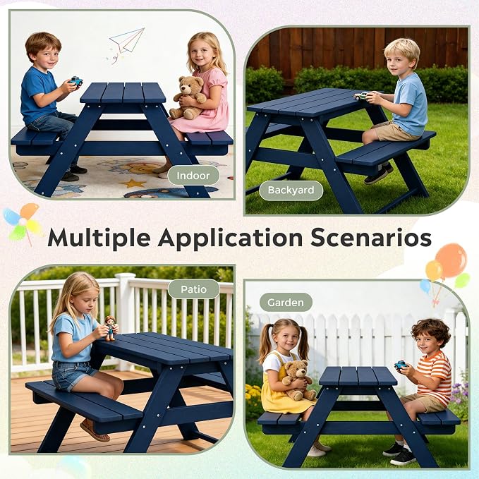 WestinTrends Malibu Outdoor Patio and Indoor Kids HDPE Plastic Picnic Bench Table, Navy Blue