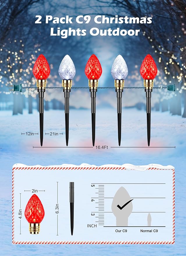 2 Pack Strawberry C9 Christmas Pathway Lights Outdoor, Total 34.8 Feet | 20 LED C9 Pathway Lights, Connectable Christmas Light Outdoor Decoration for Lawn Yard Holiday Walkway, Red & Pure White