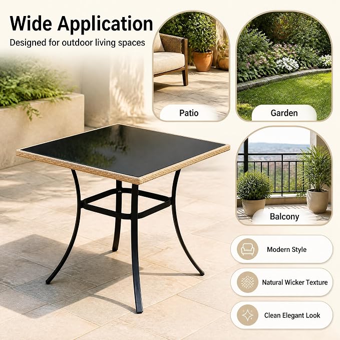 AECOJOY Outdoor Patio Dinning Table for 4, 35.2" Square Rattan Patio Outdoors Tables with Glass Tabletop Rectangular Metal Frame All Weather-Resistant Dining Desk for Lawn Backyard Garden Porch