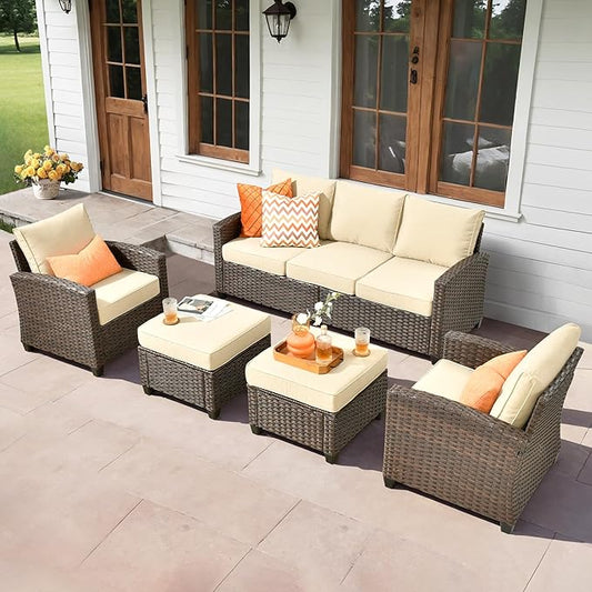 ovios 5 Pieces Patio Furniture Set, Outdoor Wicker Sofa Couch with Chairs Comfy Cushions, All Weather Brown Rattan Conversation Set for Backyard Deck Porch, Beige