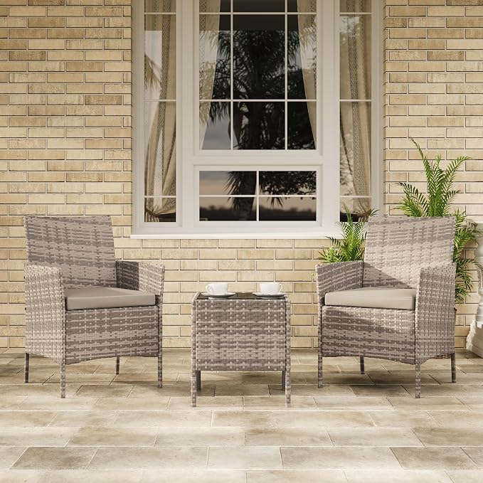 PeakPursuit 3 Pieces Patio Furniture Set, PE Rattan Wicker Patio Set with Soft Cushion and Glass Coffee Table, Upgraded Outdoor Patio Chairs and Table for Garden Poolside Balcony, Grey