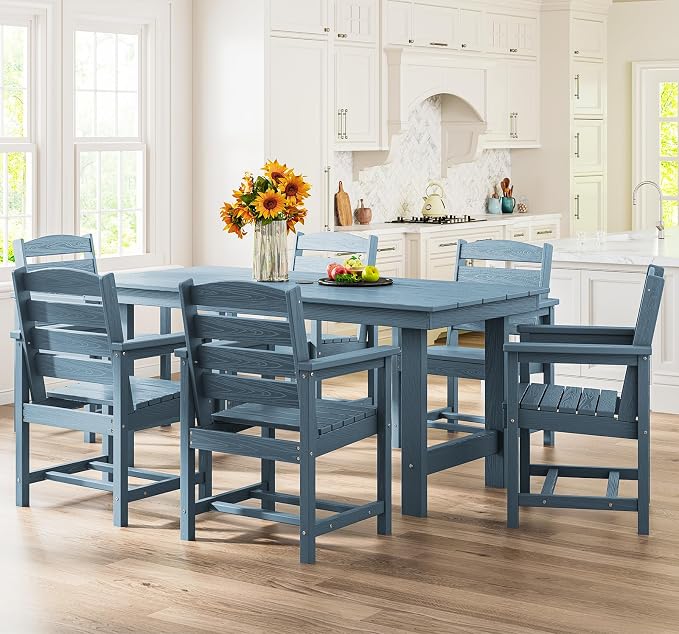 SERWALL 7 Pcs Outdoor Dining Set, 1 Umbrella Hole Table & 6 Chairs, Blue | HDPE Outdoor Dining Furniture with Rectangular Table & 6 Chairs, All-Weather Resistant SERWALL Dining Set for 6