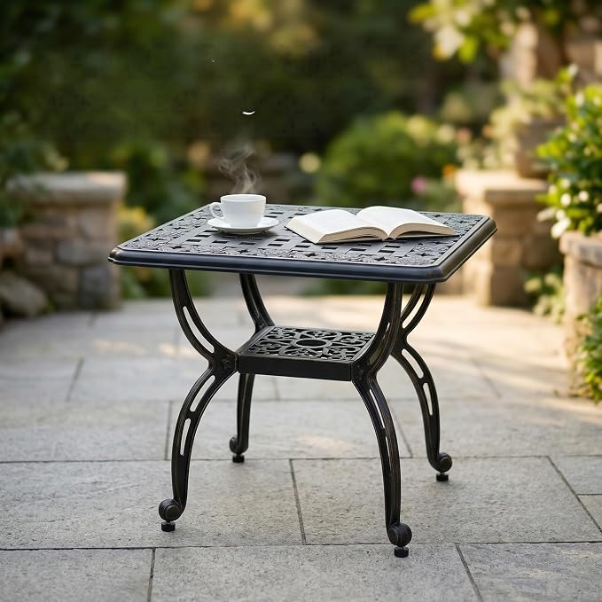 Square Outdoor Coffee Table, Cast Aluminum Side Table with Storage,Indoor End Table, All-Weather Bistro Table for Patio Garden Lawn,Black