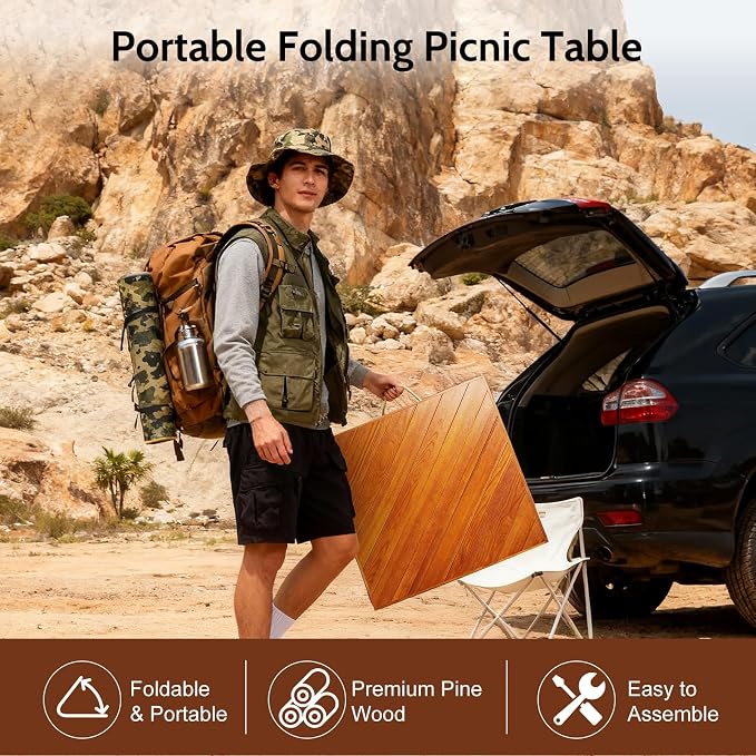 Adjustable Picnic Table with Table Runner, 60*30in Wooden Folding Picnic Table for Outdoors, Boho Low Coffee Table for Sitting on the Floor, Suitable for Beach, Park, Garden, Camping, Travel