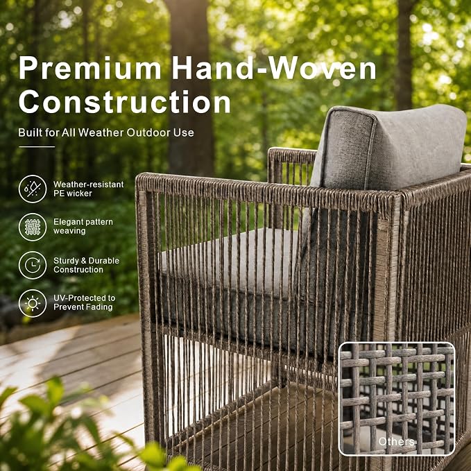 5 Piece Patio Furniture Set, Outdoor Sectional Sofa Set with 2 Ottomans, Coffee Table, Washable Cushions, All Weather Patio Wicker Conversation Set with Arm Chairs for Backyard, Porch, Balcony, Deck