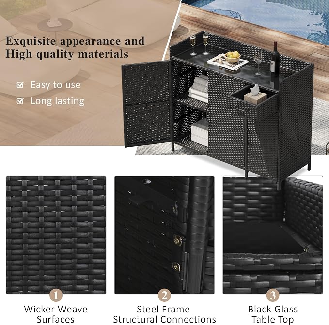 RuiSiSi Wicker Bar Table with Drawer & Adjustable Shelf for Outdoor, Rattan Buffet Cabinet Sideboard with Tempered Glass Desktop, Patio Rattan Bar Table with 3 Doors, Black Brown
