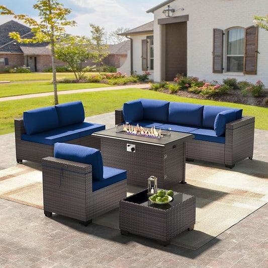 8 Pieces Outdoor Patio Furniture Sets w/55000 BTU Propane Fire Pit Table,Wicker Conversation Sofa,Includes 6 All-Weather High Back PE Rattan Seating Components w/Coffee Table&Gas Fire Pit,Navy