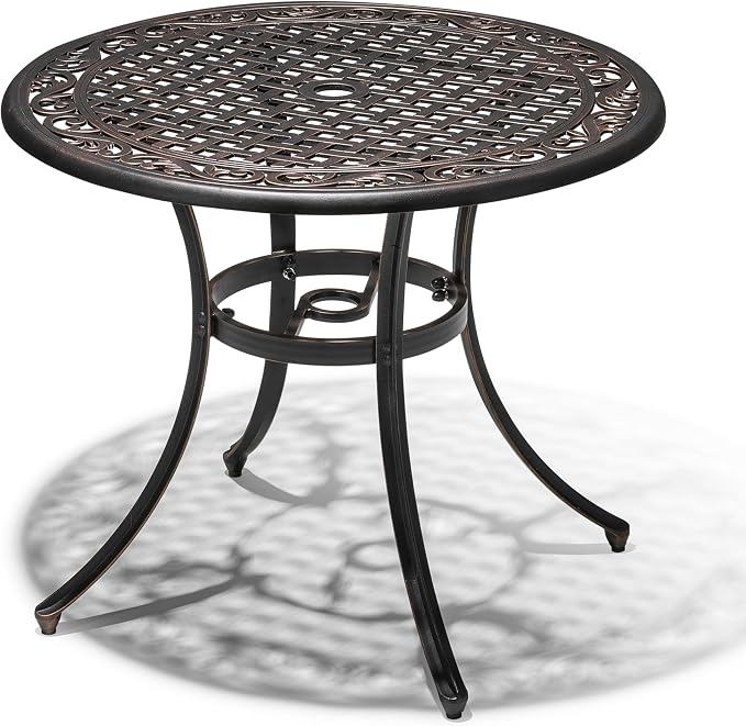 NUU GARDEN 35 Inch Patio Dining Table with Umbrella Hole, Outdoor Cast Aluminum Bistro Table, Black with Antique Bronze at The Edge