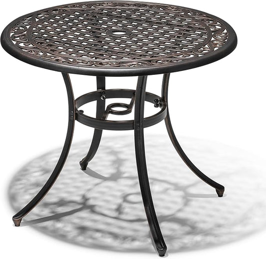 NUU GARDEN 35 Inch Patio Dining Table with Umbrella Hole, Outdoor Cast Aluminum Bistro Table, Black with Antique Bronze at The Edge