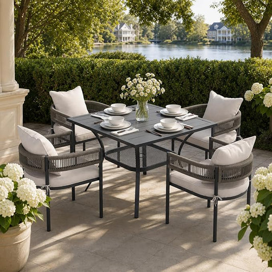 VICLLAX Patio Dining Set, 37.8" Black Table & 4 Chairs with Wheat Cushion | Outdoor Table and Chairs Set of Square Metal Patio Table, Outdoor Dining Chairs with Metal Frame, Garden Deck Porch